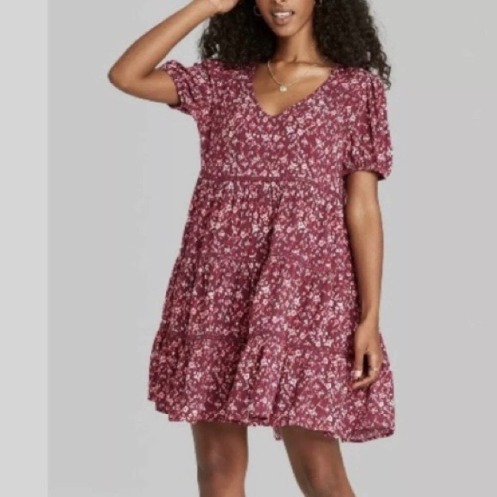 Wild Fable Red Floral Print Tiered Babydoll Dress